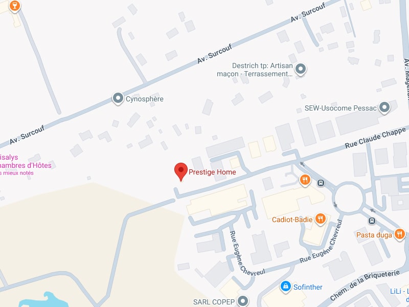 Localisation de Prestige Home à Pessac - Plan d'accès Plan Google Maps situant l'entreprise Prestige Home à Pessac, près de l'avenue Surcouf et la rue Claude Chappe.