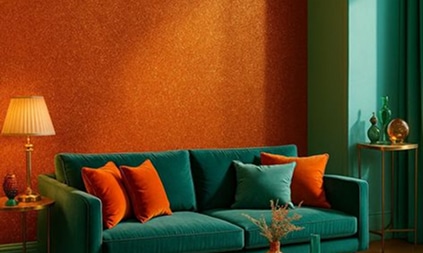Déco Salon Chic : Alliance Orange et Vert Émeraude Salon moderne avec canapé en velours vert émeraude, mur orange brique texturé et accessoires dorés sophistiqués.