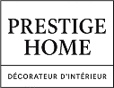 Logo Prestige Home, décorateur d'intérieur, texte noir élégant sur fond blanc dans un cadre rectangulaire.